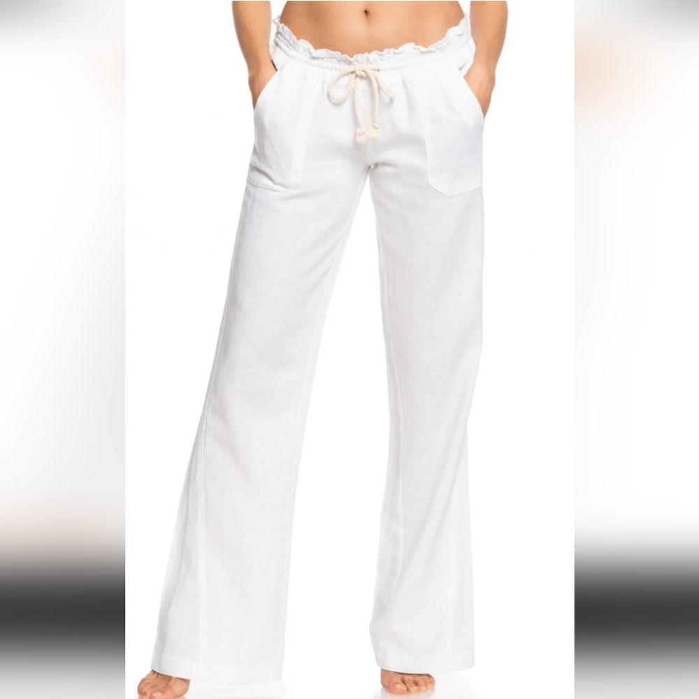 Roxy White Linen Drawstring Straight Leg Pants Size Medium